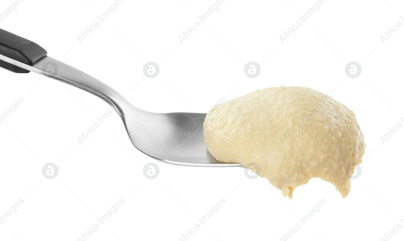 Photo of Spoon with delicious hummus isolated on white