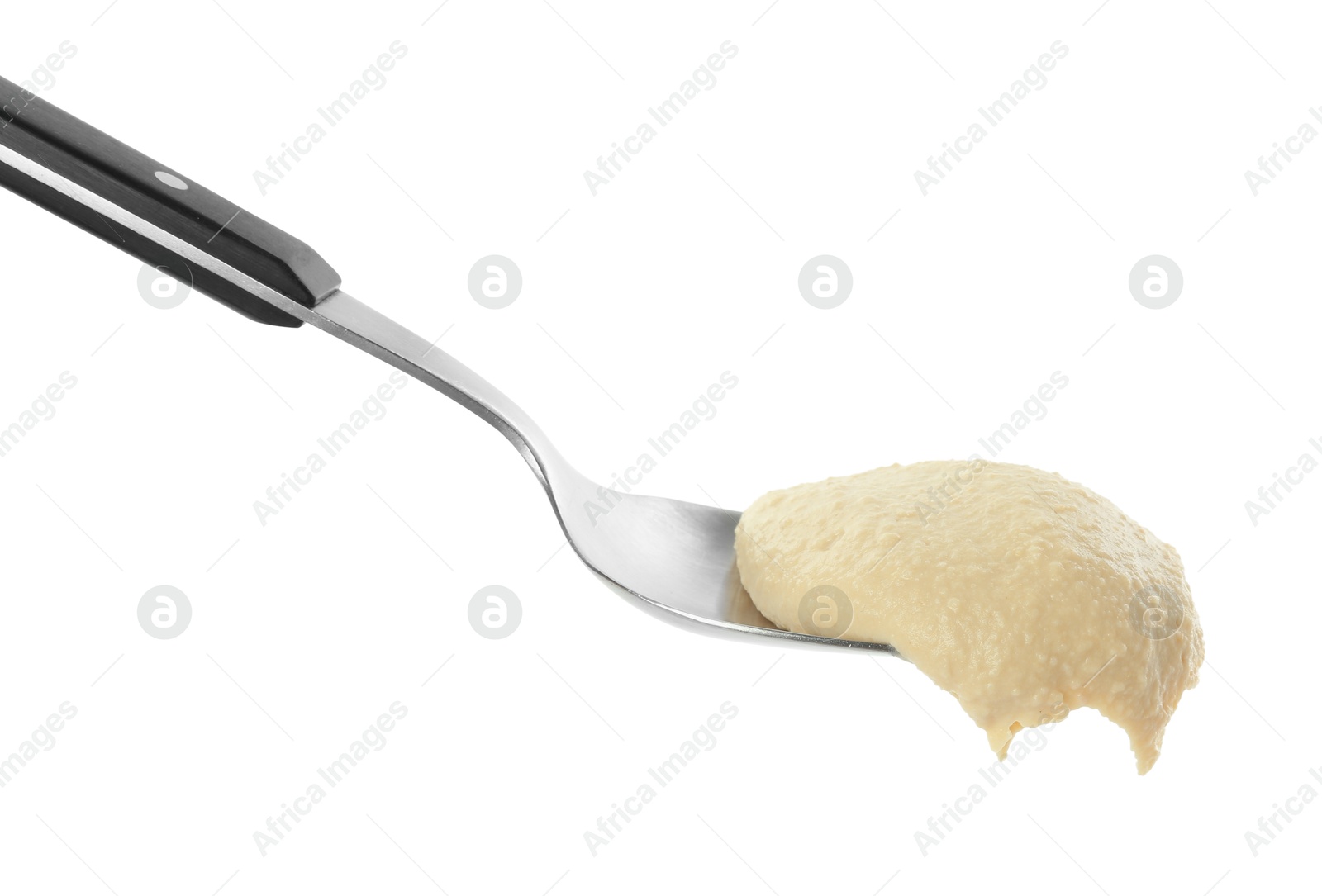 Photo of Spoon with delicious hummus isolated on white