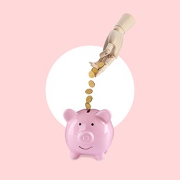 Image of Mannequin hand pouring coins into piggy bank on color background, creative collage