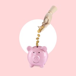 Mannequin hand pouring coins into piggy bank on color background, creative collage