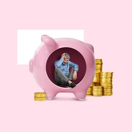 Sad man sitting inside of piggy bank near stacked coins on pink background, creative collage