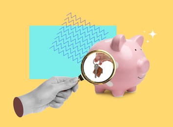 Creative collage of piggy bank and woman's hand with magnifying glass on color background