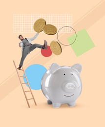 Image of Creative collage with man on ladder and piggy bank on beige background