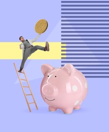 Image of Creative collage with man on ladder and piggy bank on color background