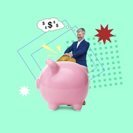 Image of Creative collage with businessman putting coins into piggy bank on color background