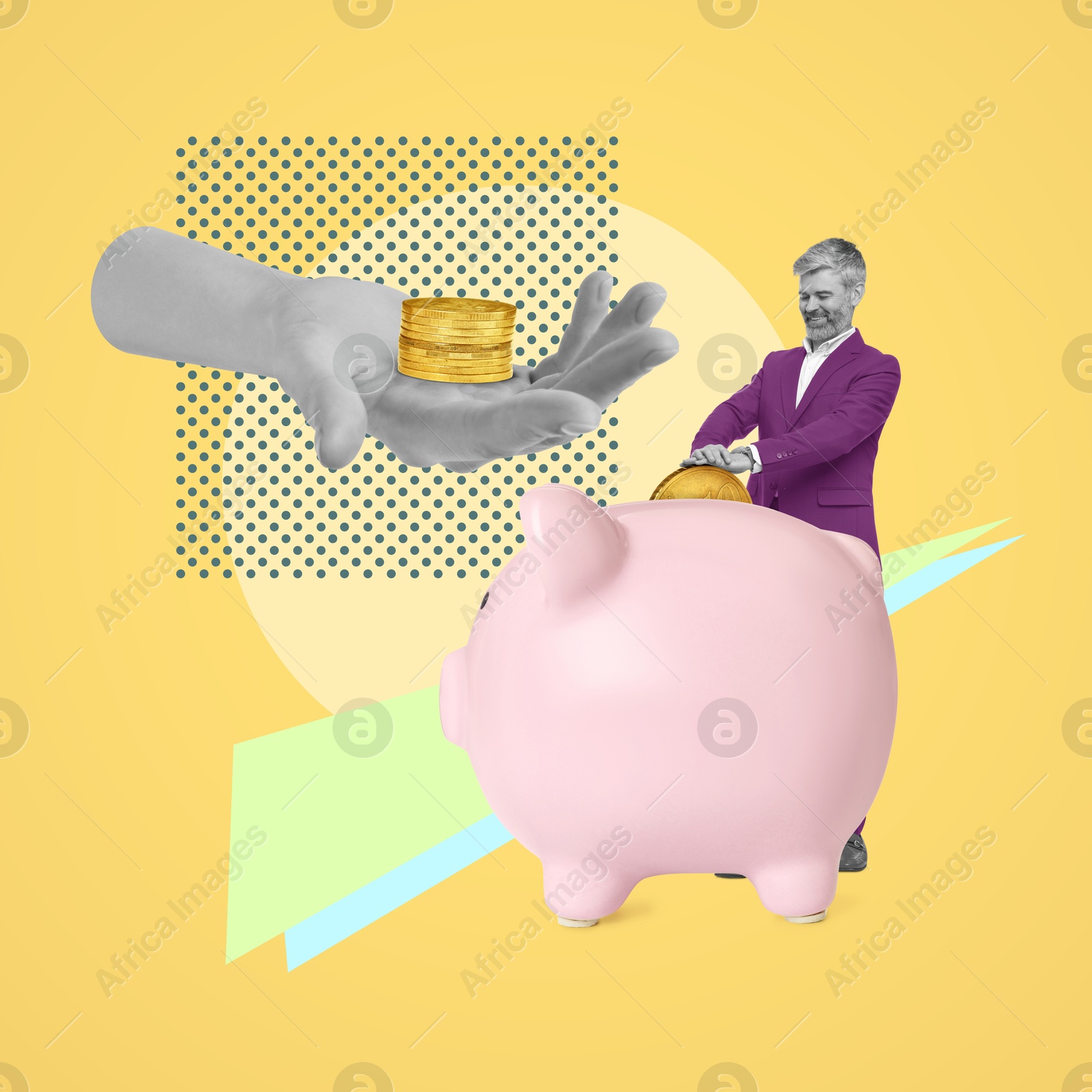 Image of Creative collage with businessman putting coins into piggy bank on color background