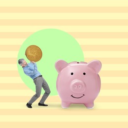Image of Creative collage with man throwing coin into piggy bank on color background
