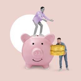 Image of Creative collage with men, coins and piggy bank on color background