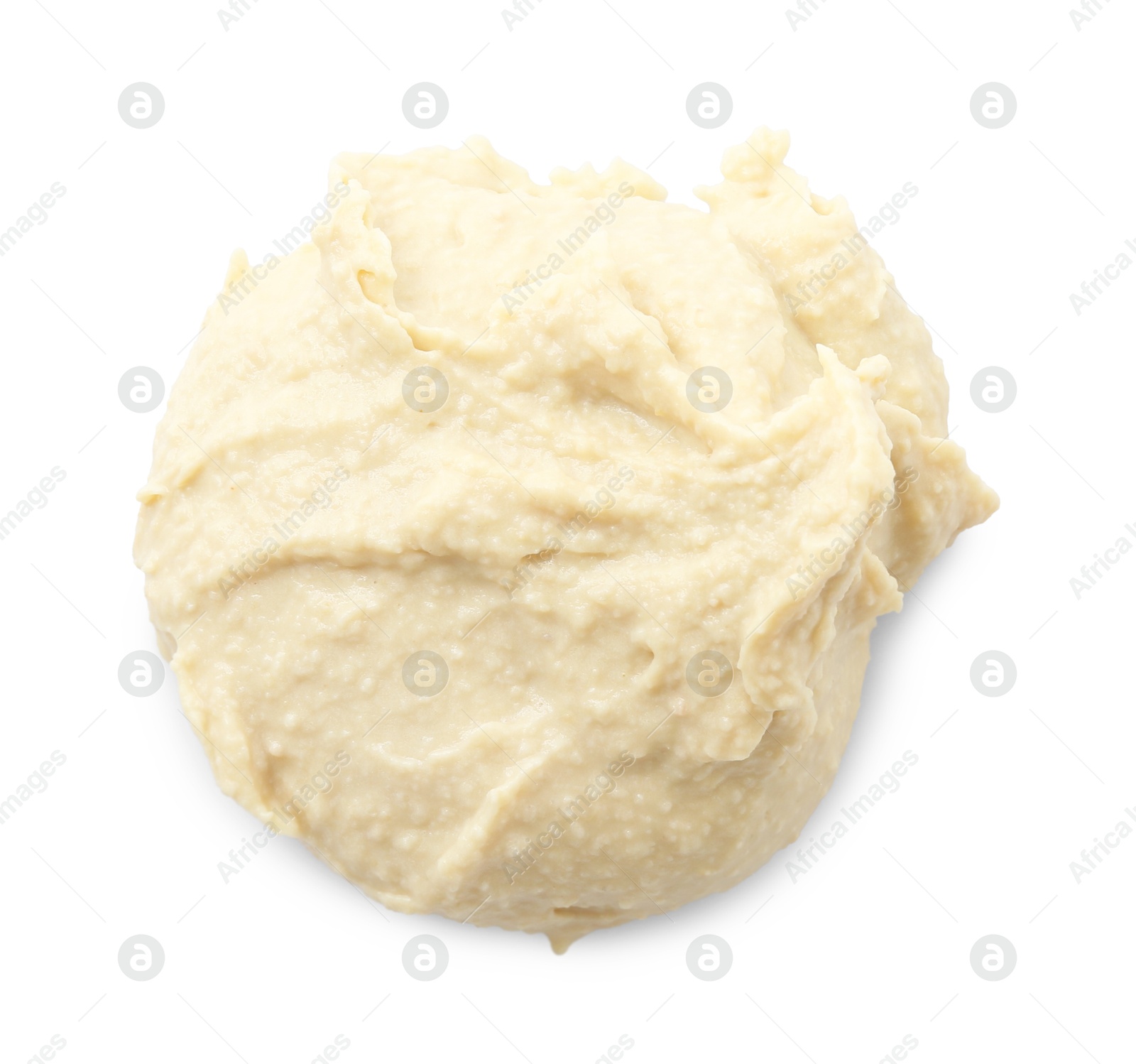 Photo of Sample of delicious hummus isolated on white, top view