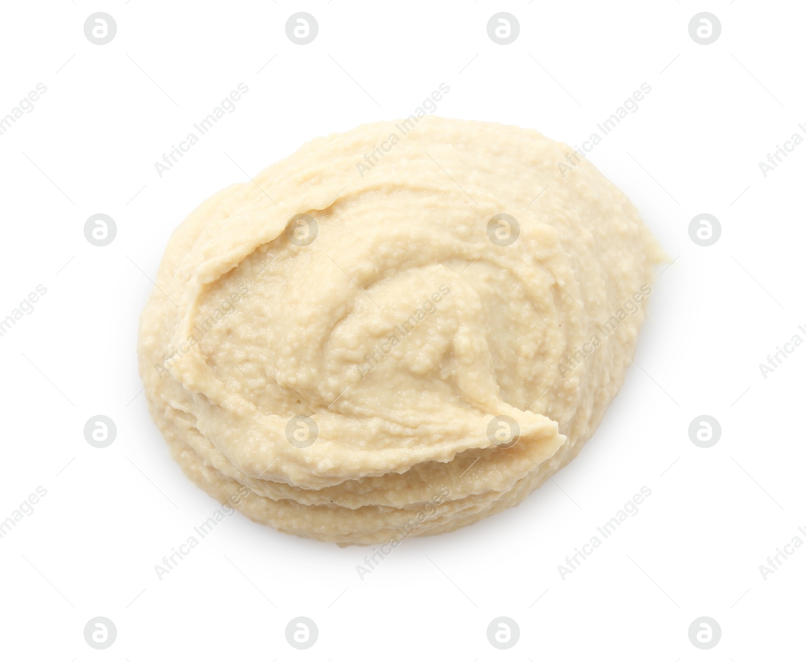 Photo of Sample of delicious hummus isolated on white, top view