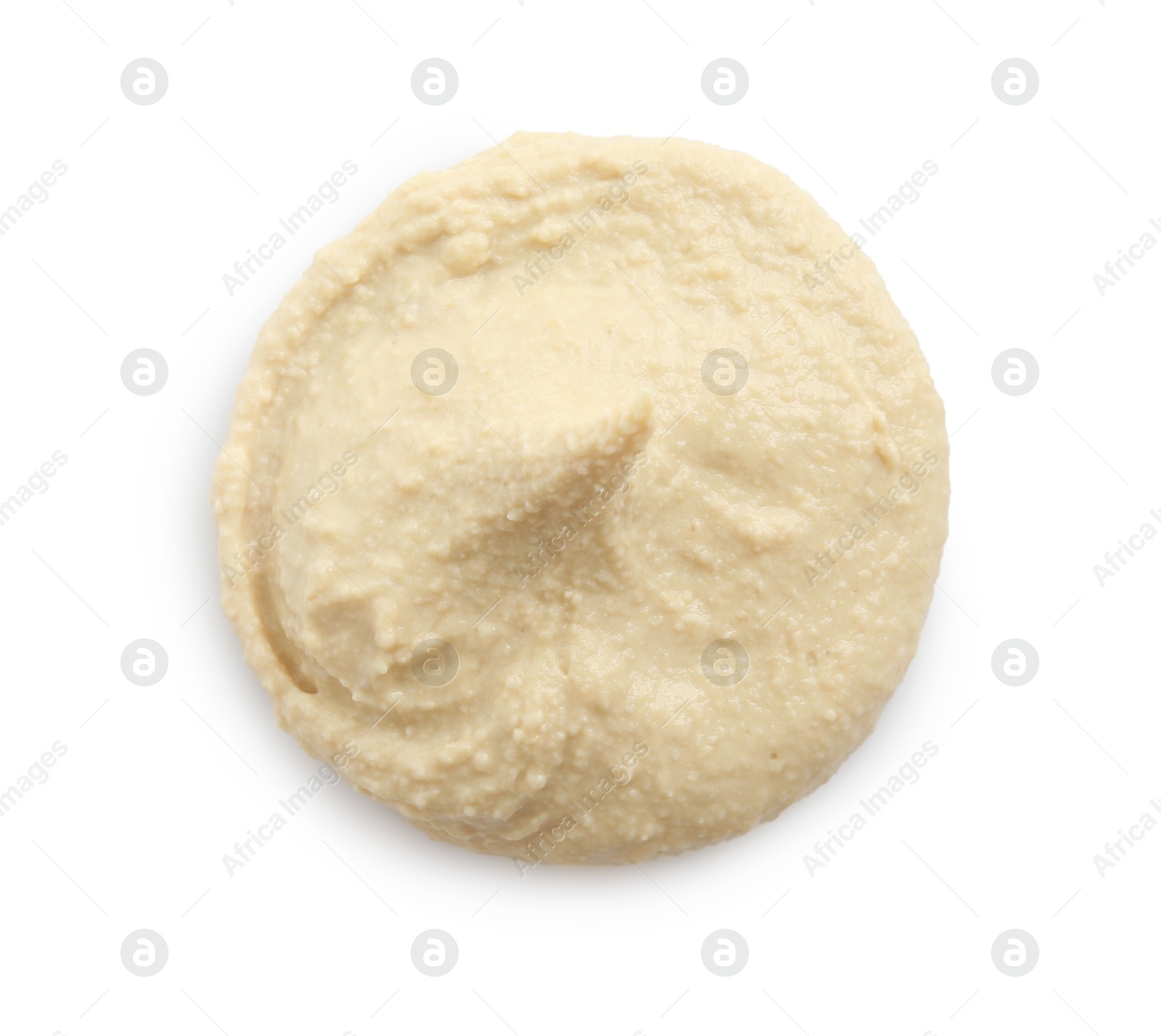 Photo of Sample of delicious hummus isolated on white, top view