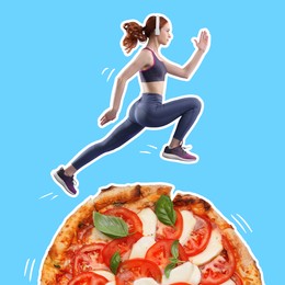 Image of Sporty woman jumping over pizza on light blue background. Creative collage