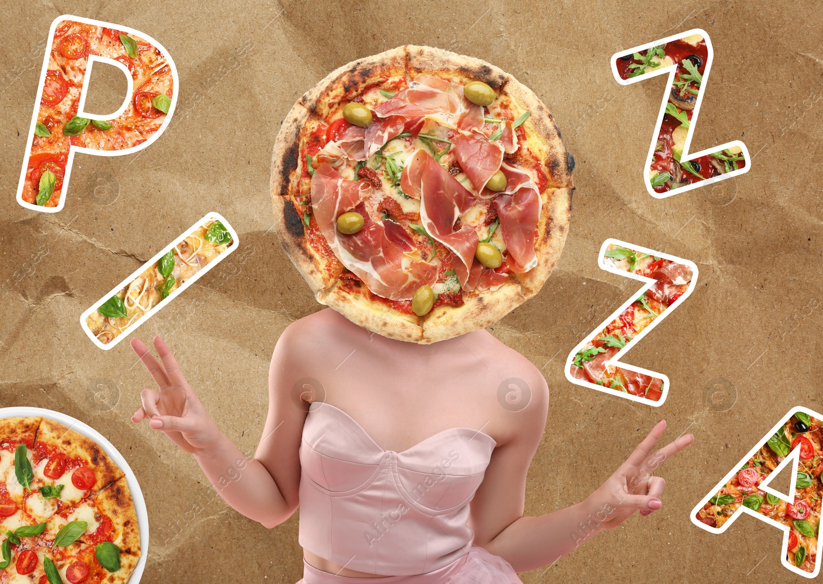 Image of Creative collage of woman with pizza instead of head on crumpled paper background