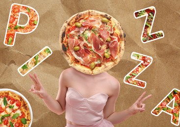 Image of Creative collage of woman with pizza instead of head on crumpled paper background