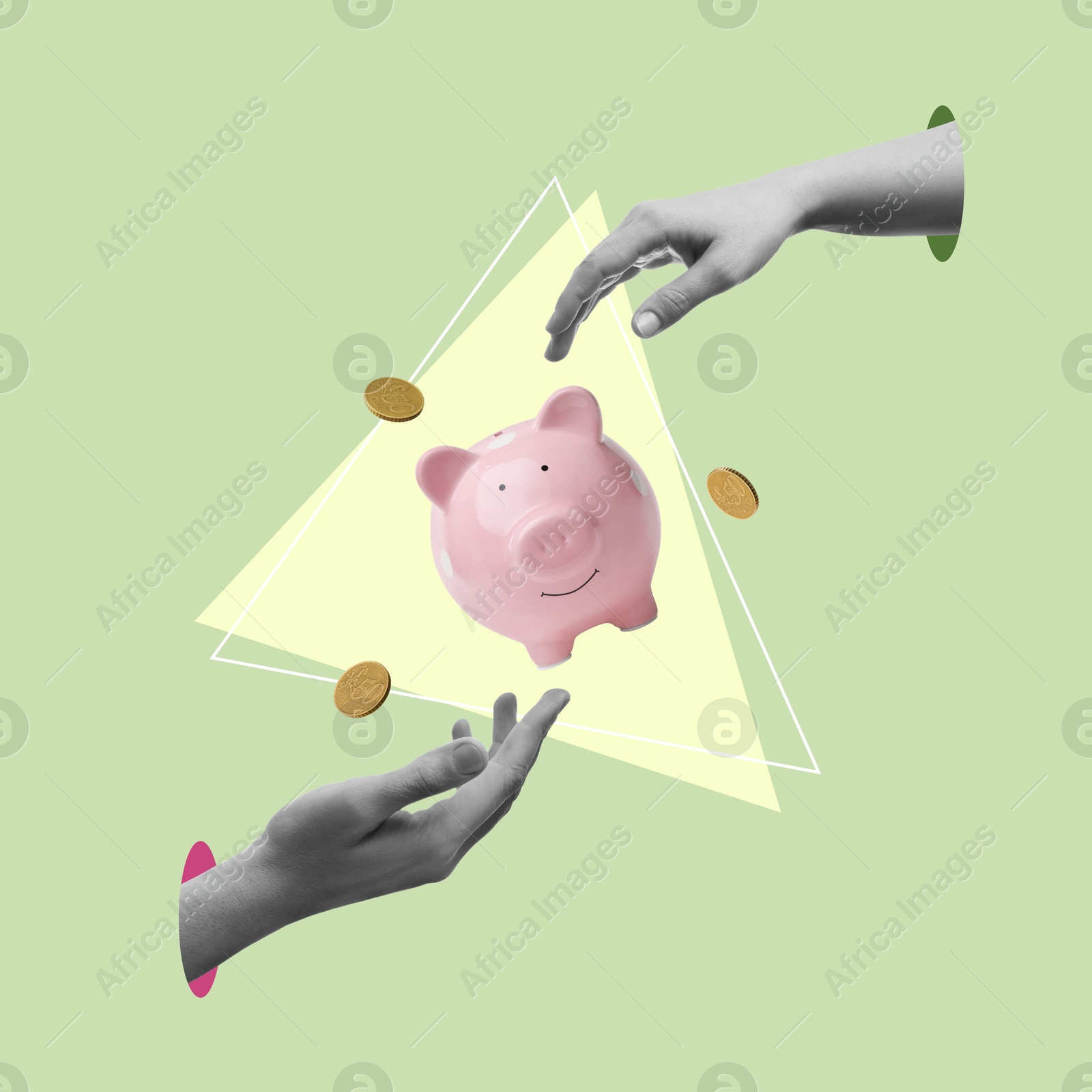 Image of Creative collage with piggy bank, coins, woman's and man's hands on color background