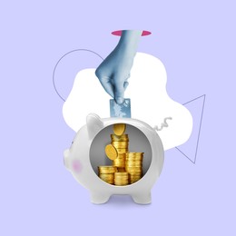 Image of Man putting plastic card into piggy bank with golden coins on color background, creative collage