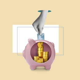 Image of Man putting plastic card into piggy bank with golden coins on color background, creative collage