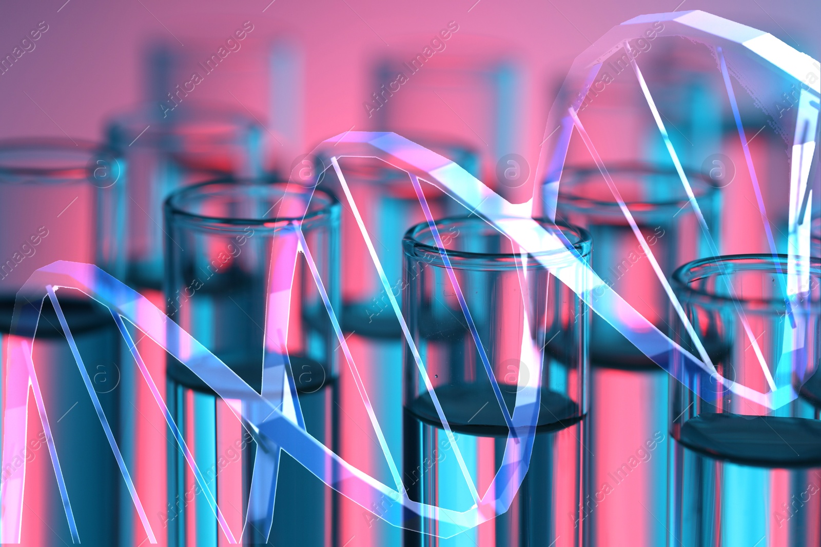 Image of Illustration of DNA and test tubes with samples, double exposure