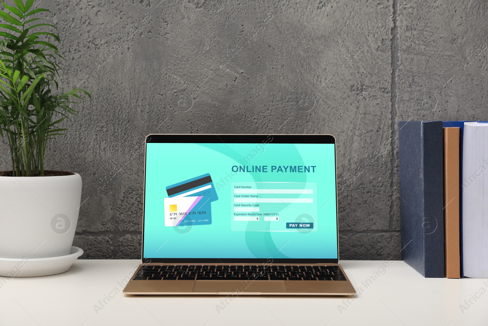 Image of Online payment system. Laptop with open application on table