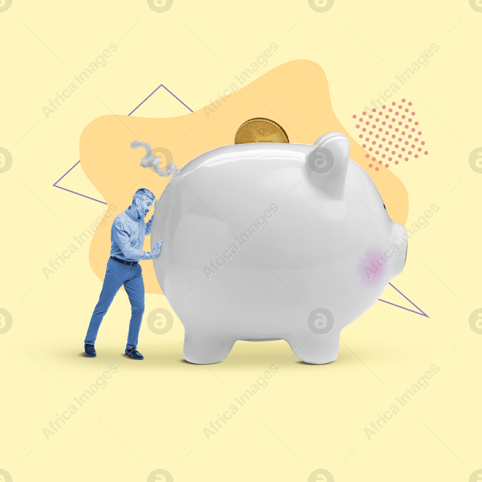 Image of Man pushing big piggy bank on color background. Creative collage