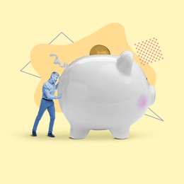 Image of Man pushing big piggy bank on color background. Creative collage
