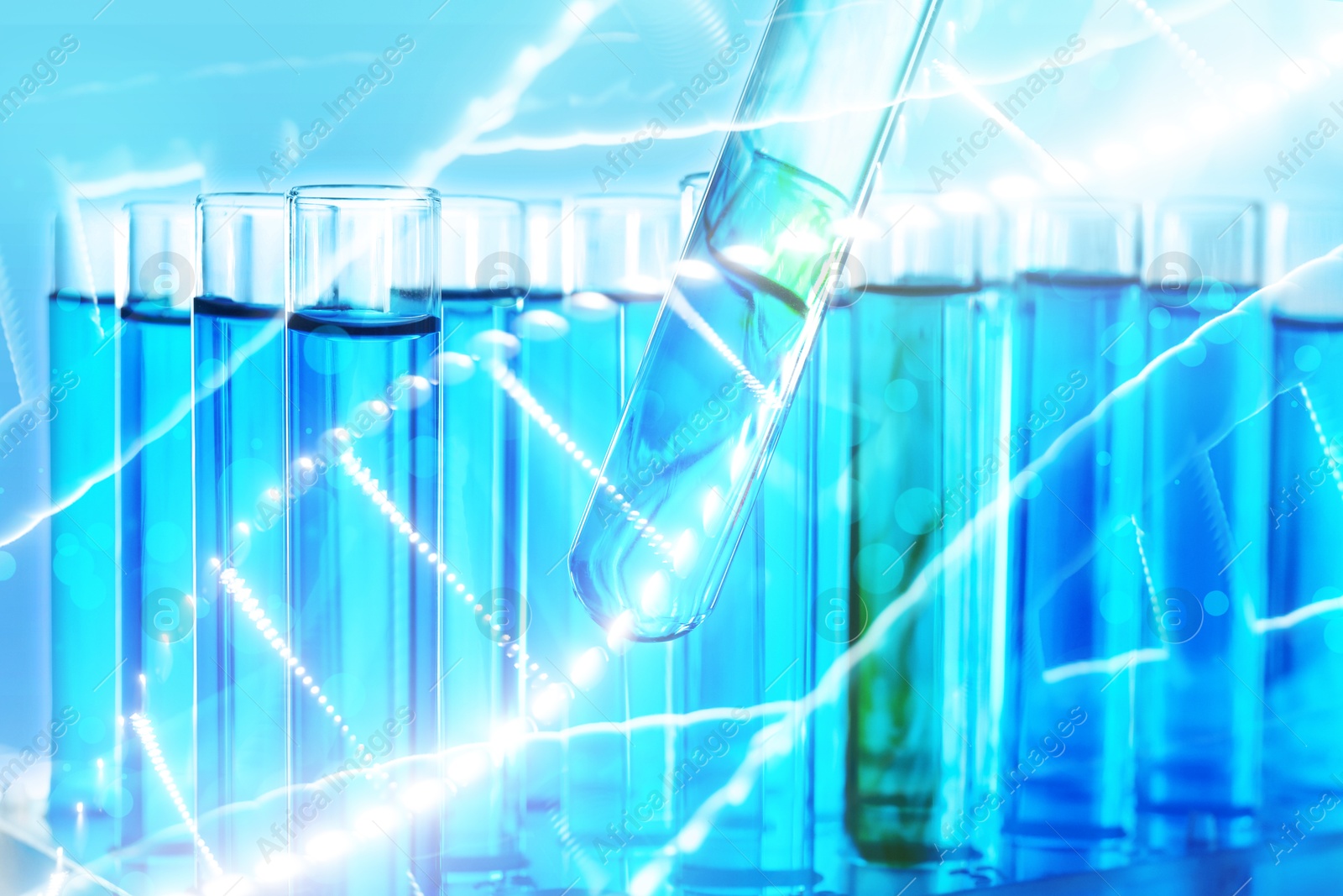 Image of Illustrations of DNA and test tubes with samples, double exposure