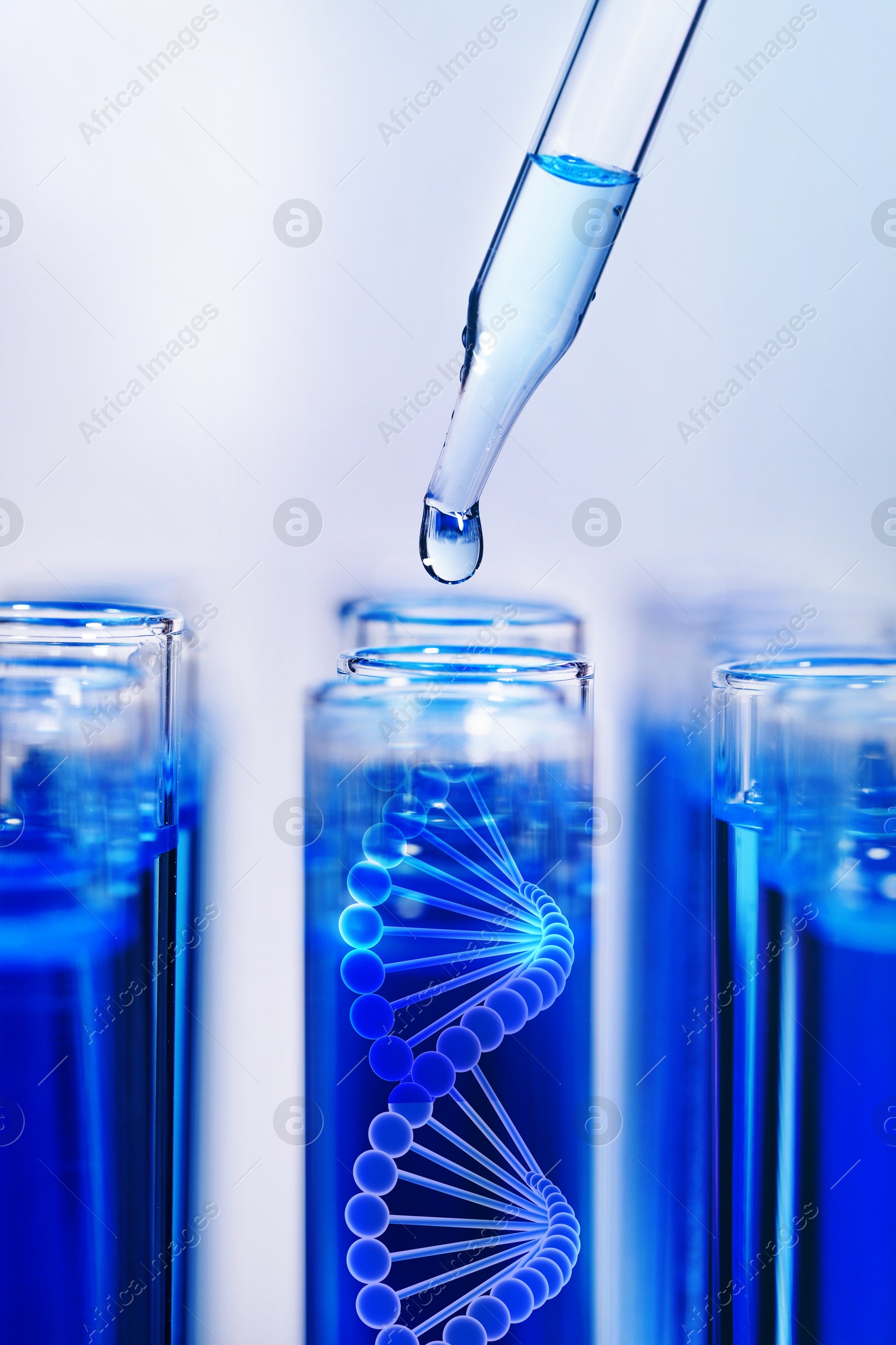 Image of Dripping sample from dropper into test tube with illustration of DNA in laboratory, closeup