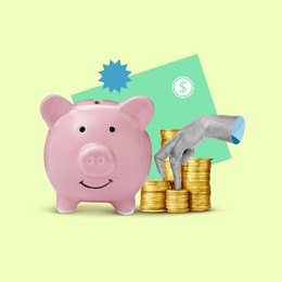 Image of Creative collage with piggy bank and stacked coins on color background