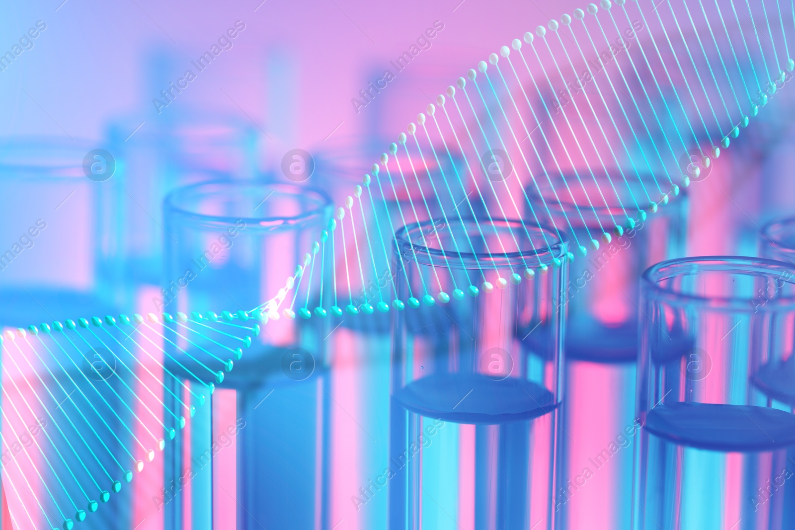 Image of Illustration of DNA and test tubes with samples, double exposure