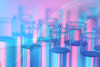 Illustration of DNA and test tubes with samples, double exposure