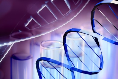 Image of Illustrations of DNA and test tubes with samples, double exposure