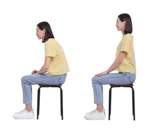 Image of Woman with poor and good posture sitting on stool on white background, collage of photos