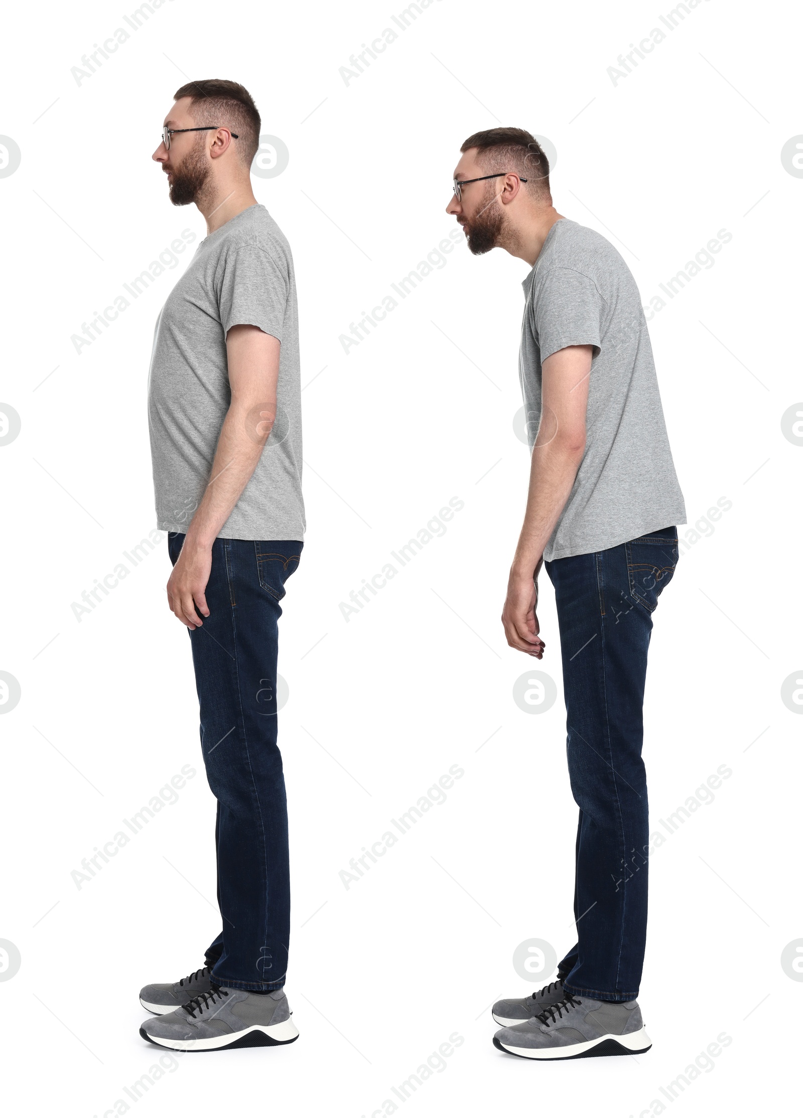 Image of Man with poor and good posture on white background, collage of photos