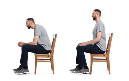 Image of Man with poor and good posture sitting on chair on white background, collage of photos