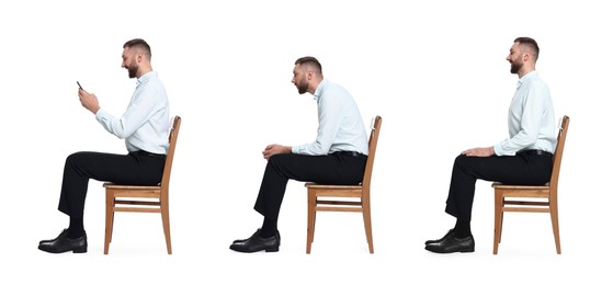 Man with poor and good posture sitting on chair on white background, collage of photos