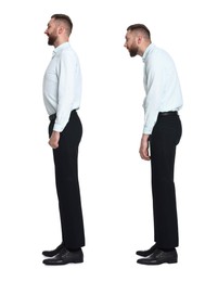 Image of Man with poor and good posture on white background, collage of photos