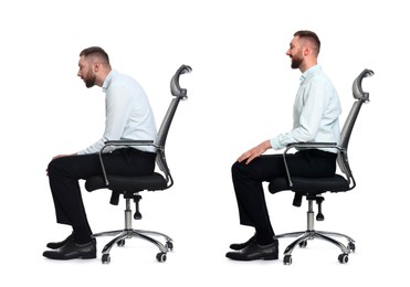 Image of Man with poor and good posture sitting on chair on white background, collage of photos