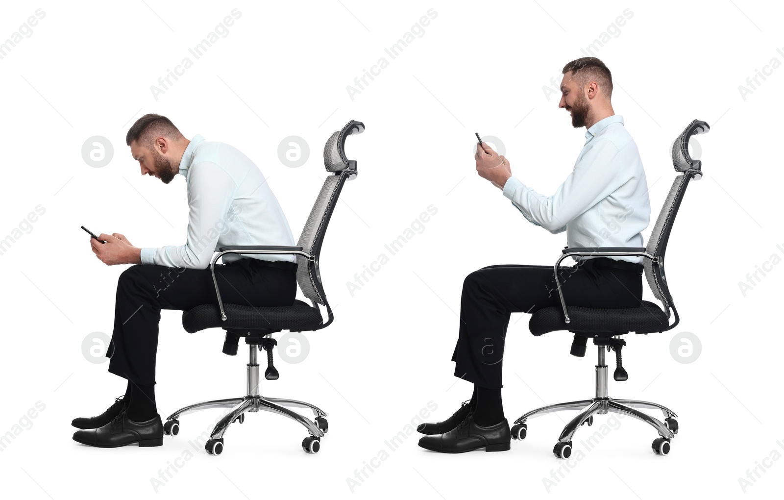 Image of Man with poor and good posture sitting on chair on white background, collage of photos