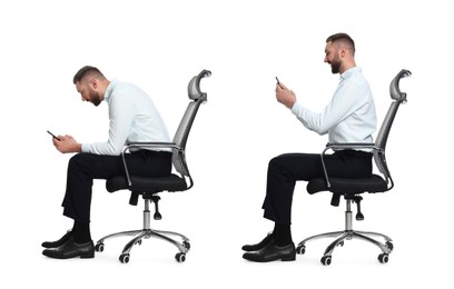 Man with poor and good posture sitting on chair on white background, collage of photos