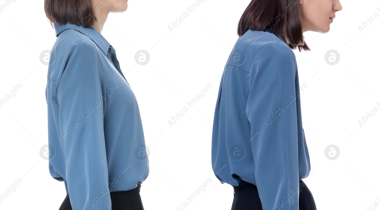 Image of Woman with poor and good posture on white background, closeup. Collage of photos