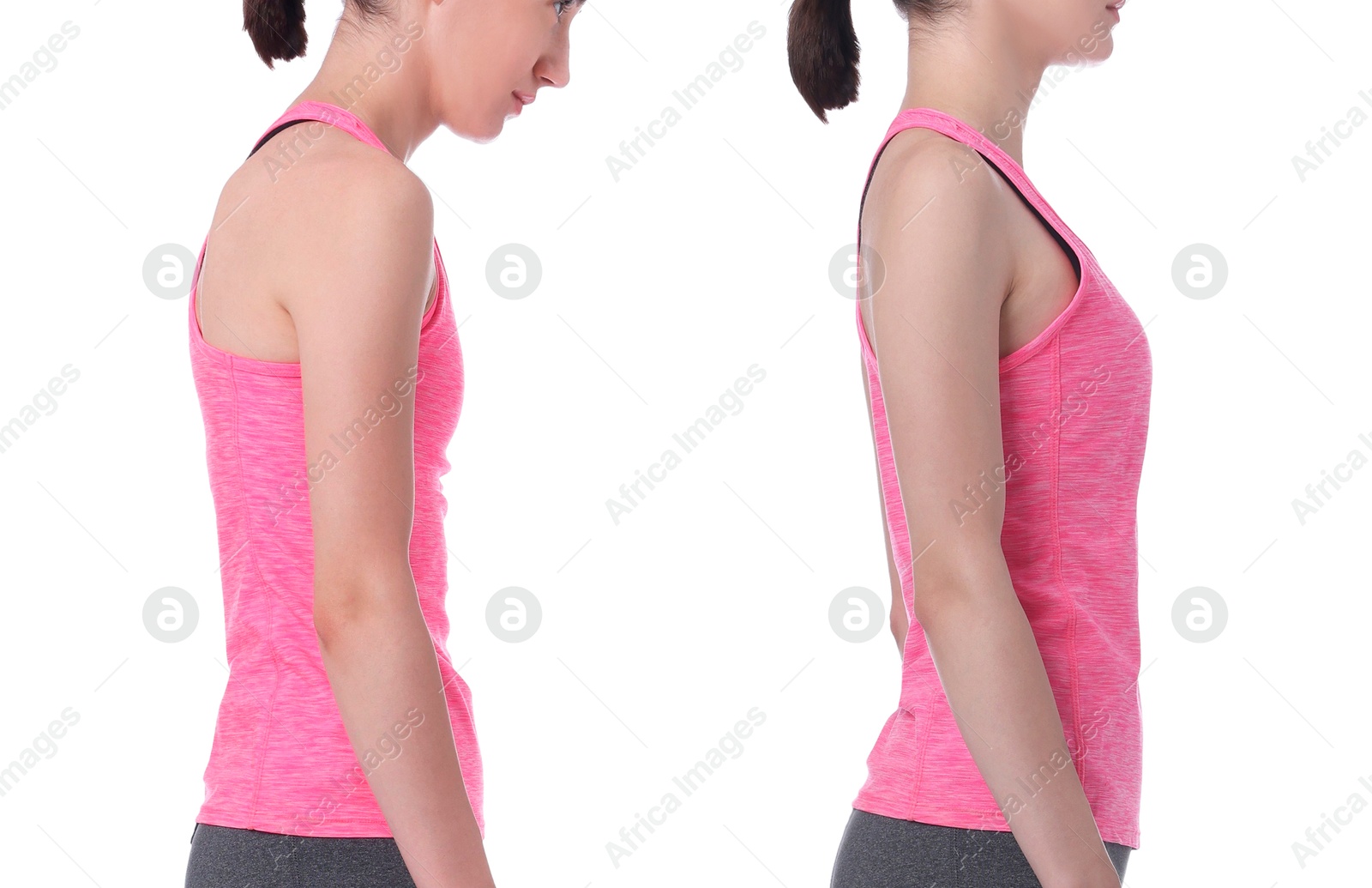 Image of Woman with poor and good posture on white background, closeup. Collage of photos