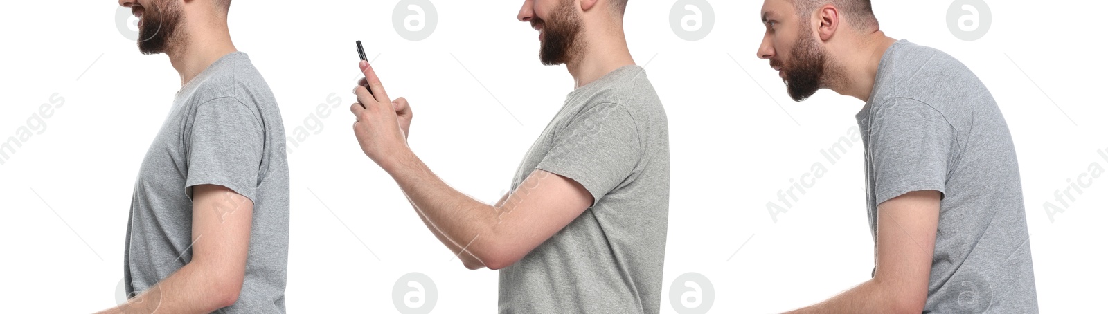 Image of Man with poor and good posture on white background, closeup. Collage of photos