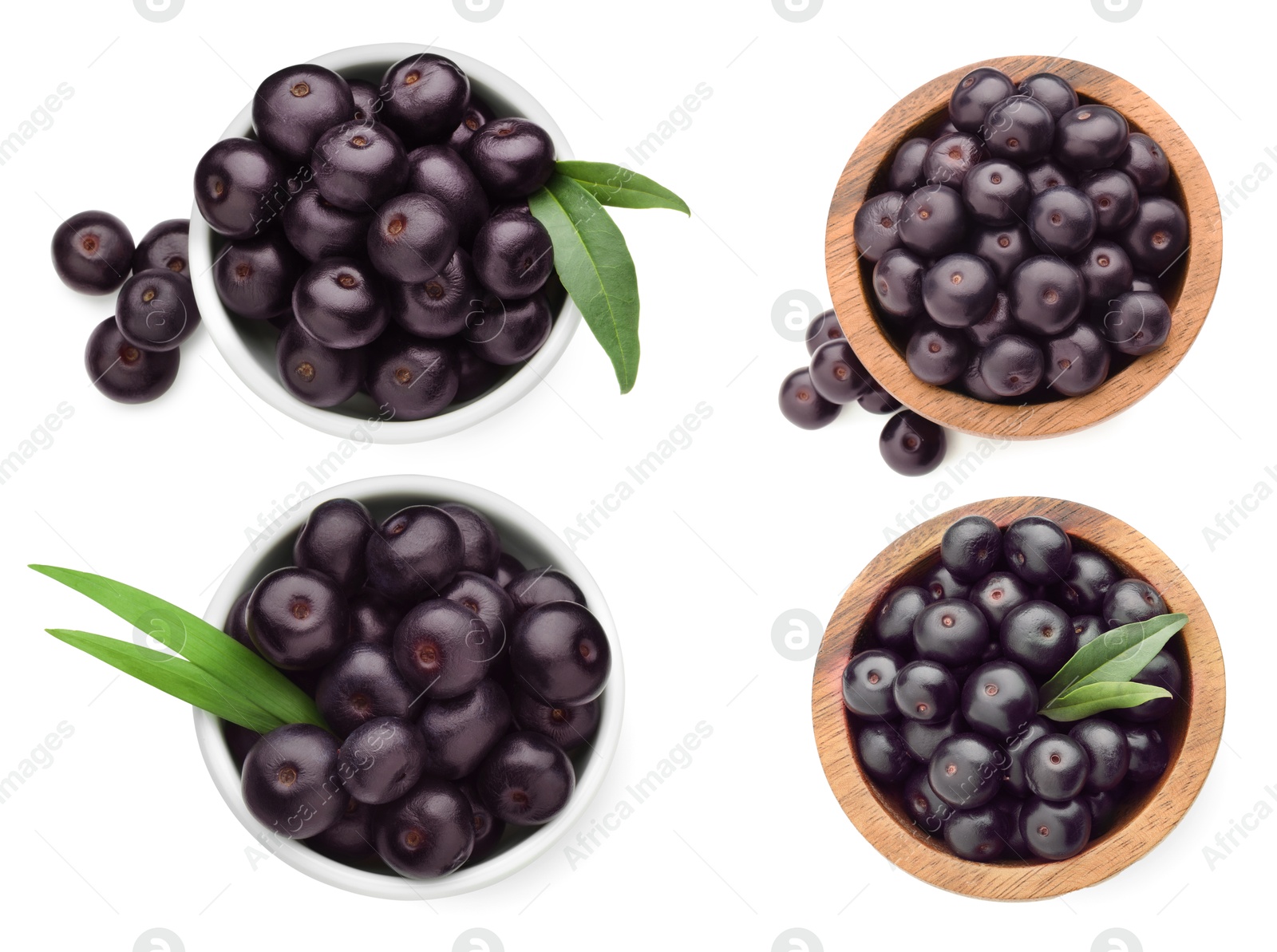 Image of Set of acai berries in bowls isolated on white, top view