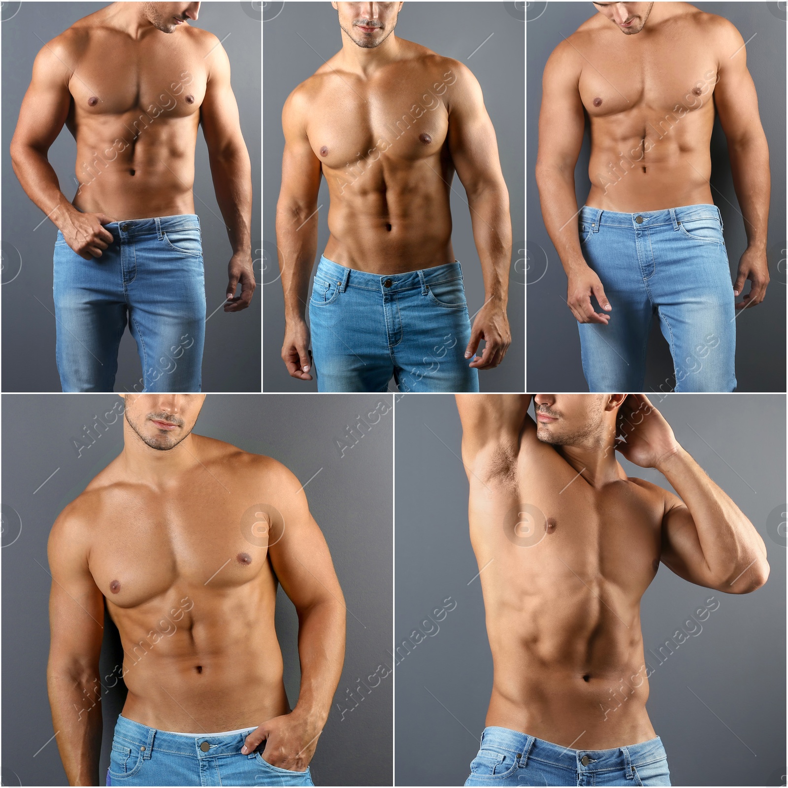 Image of Sporty man with muscular torso on grey background, closeup. Collage of photos