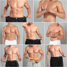 Image of Sporty man with muscular torso on light grey background, closeup. Collage of photos