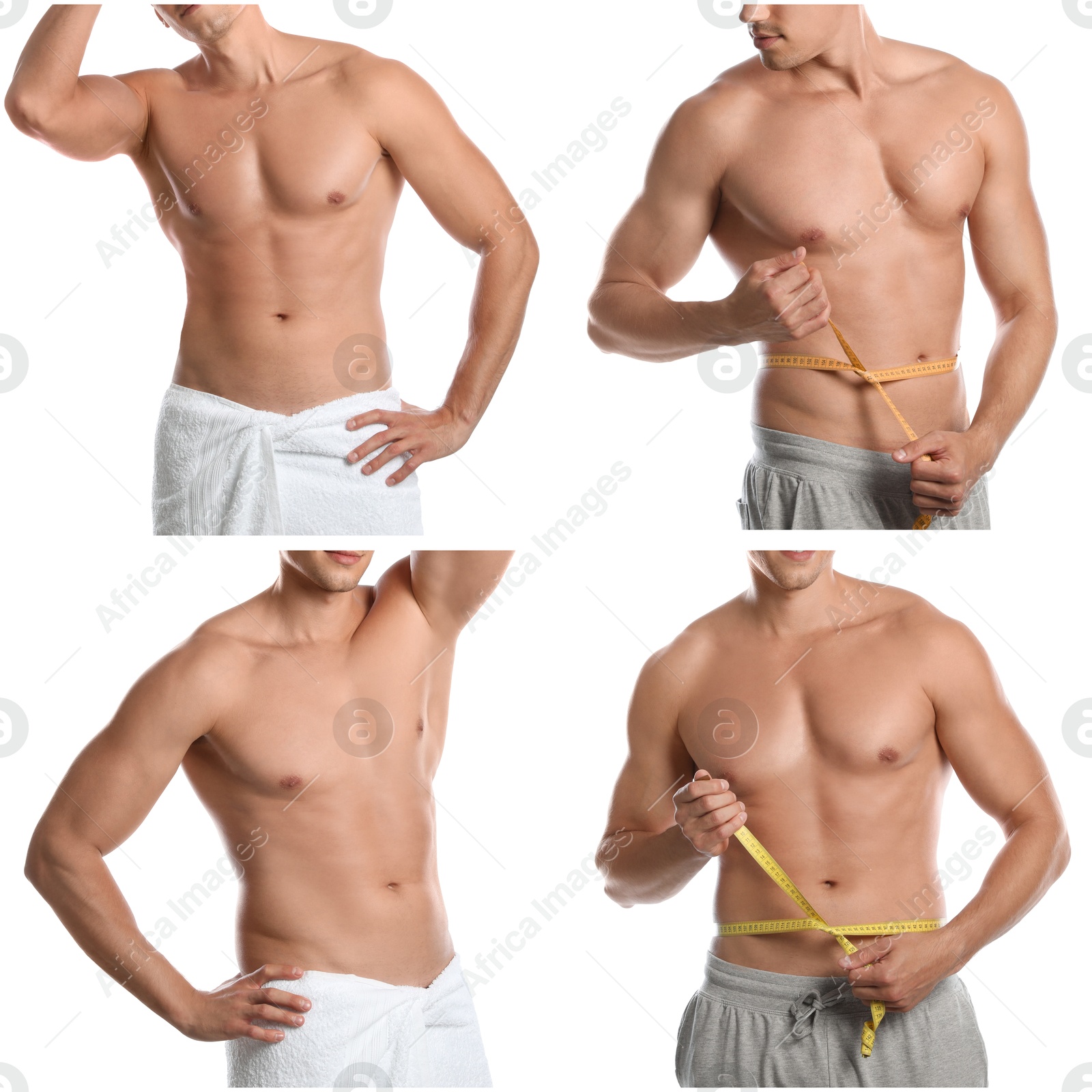 Image of Collage with photos of man with muscular torso on white background