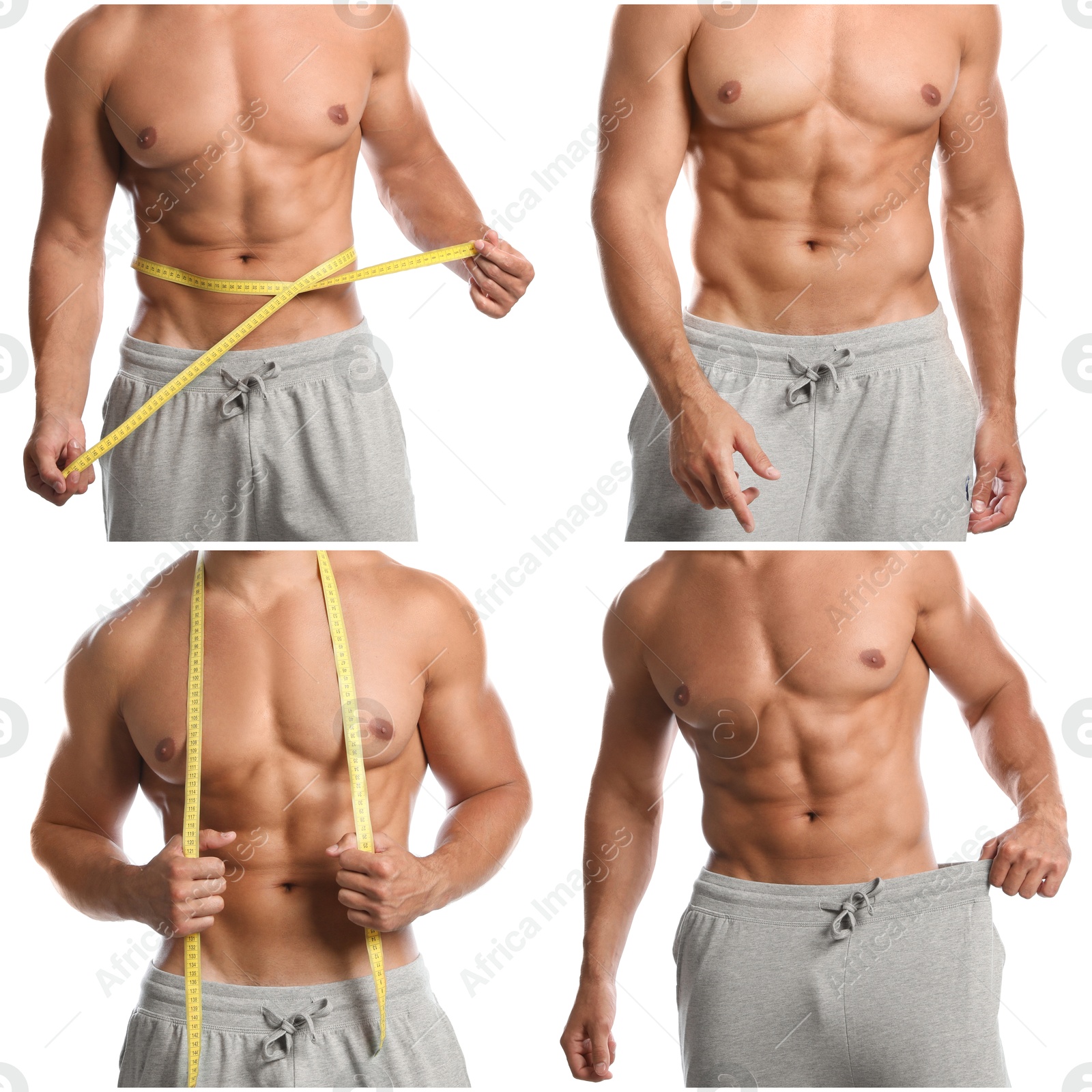 Image of Collage with photos of man with muscular torso on white background