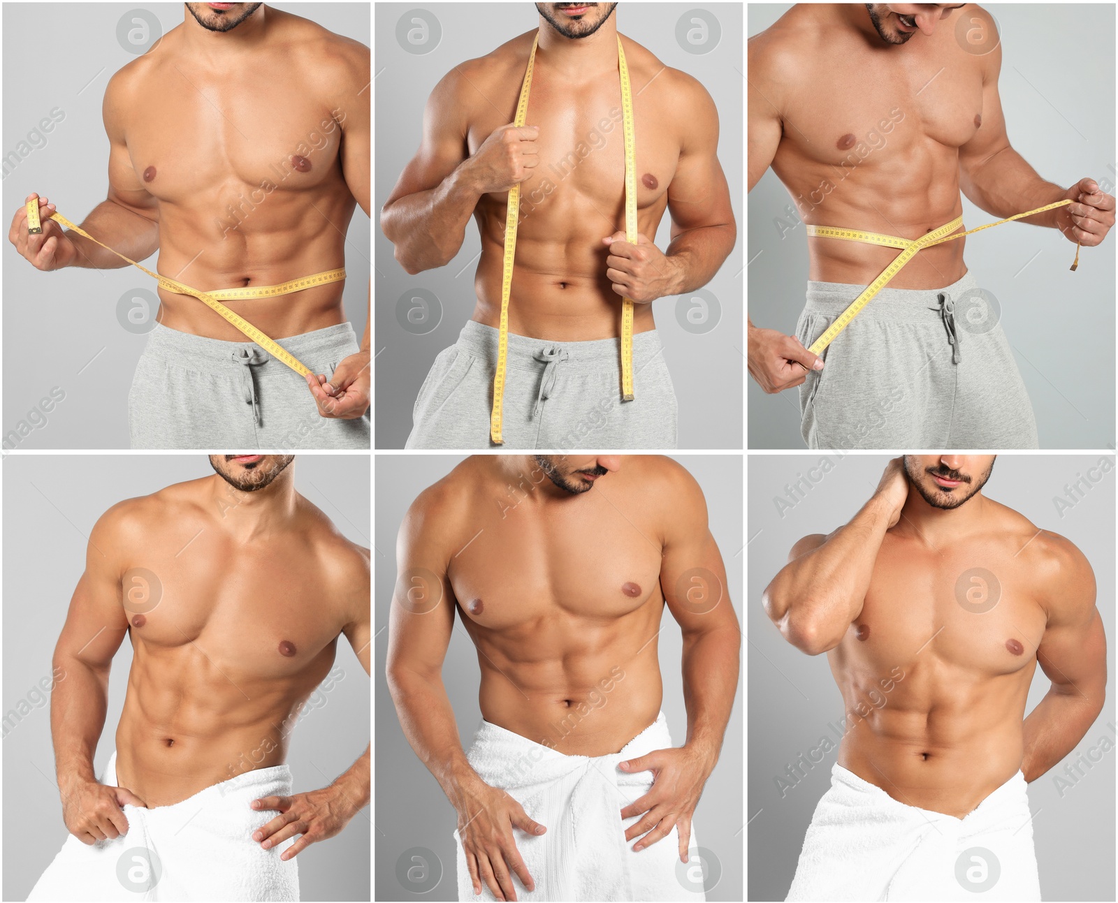 Image of Sporty man with muscular torso on light grey background, closeup. Collage of photos