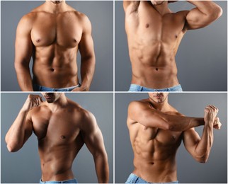 Image of Sporty man with muscular torso on grey background, closeup. Collage of photos