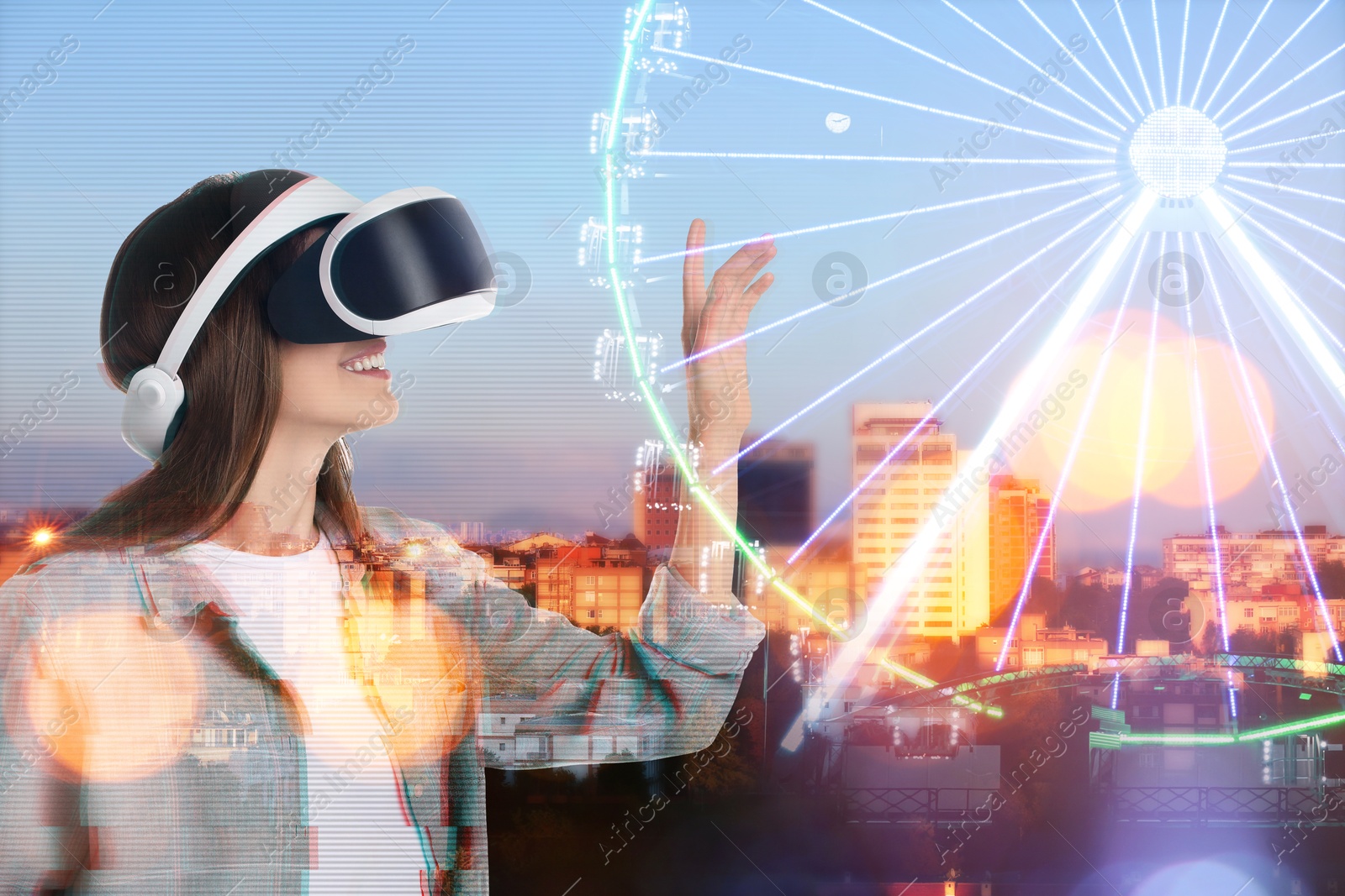 Image of Developer using virtual reality headset in project. Modern technology. Double exposure of woman and cityscape